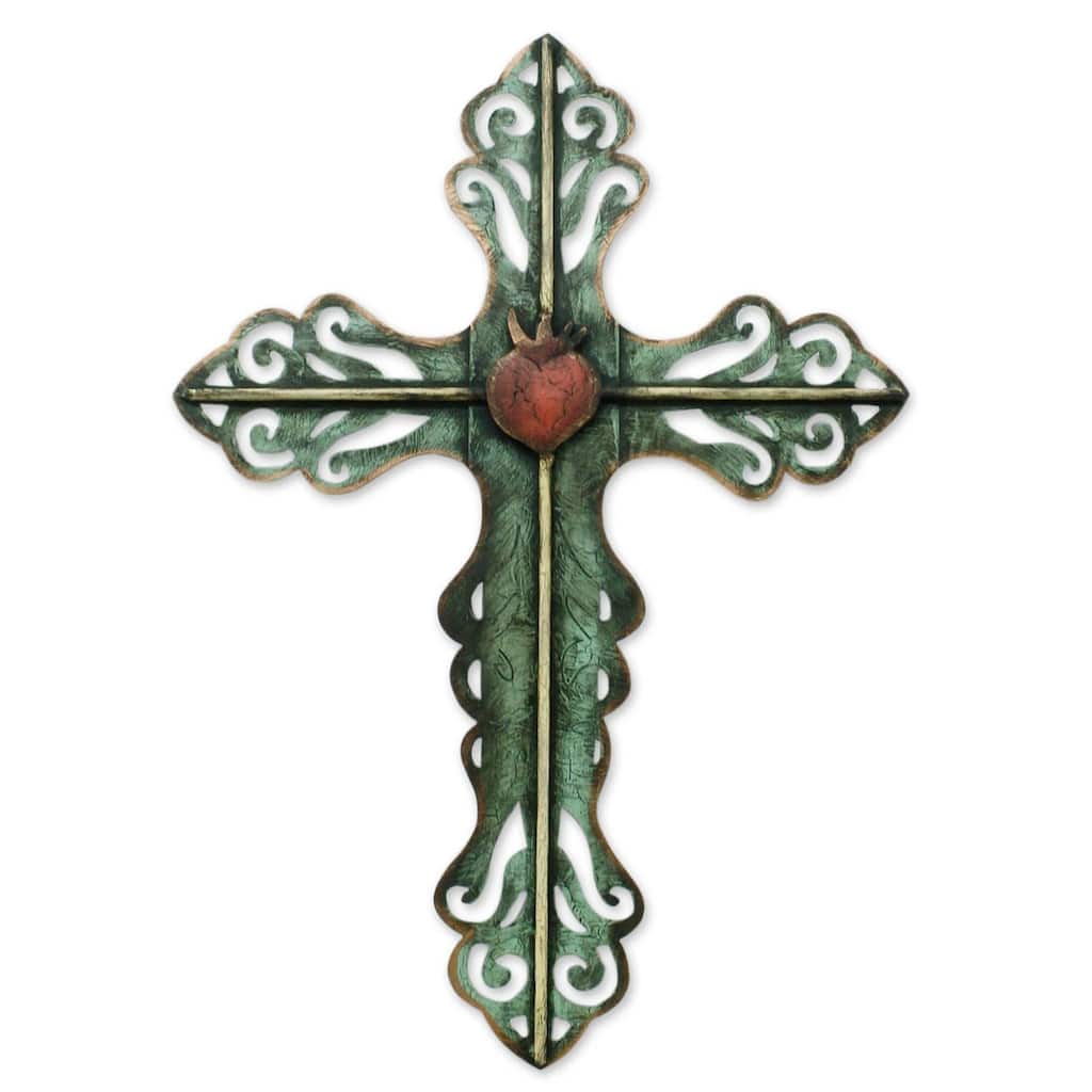 Handmade Steel Cross and Sacred Heart Wall Art Sculpture (Mexico)