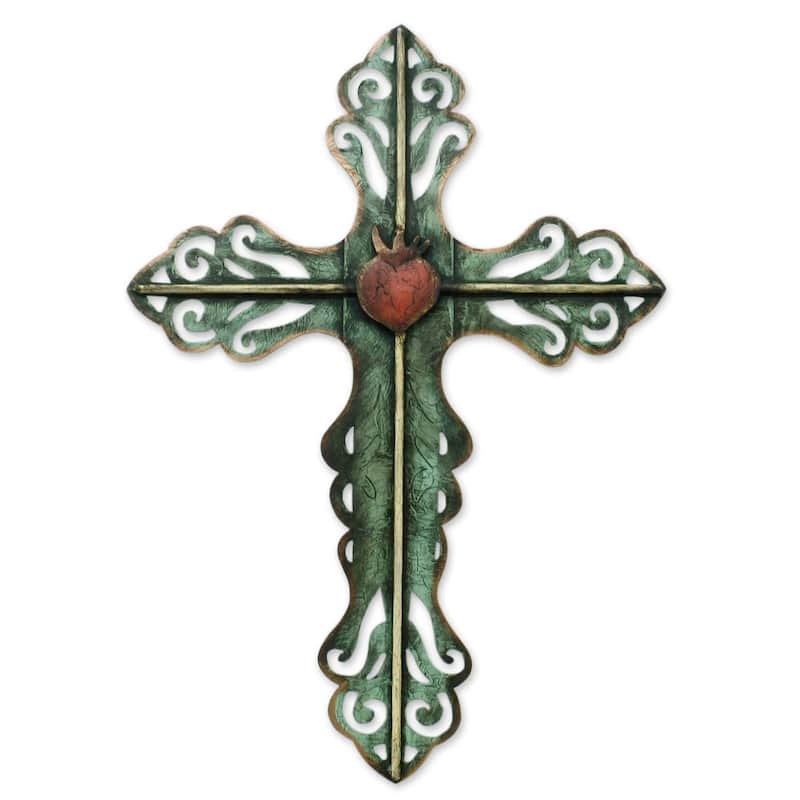 Handmade Steel Cross and Sacred Heart Wall Art Sculpture (Mexico)