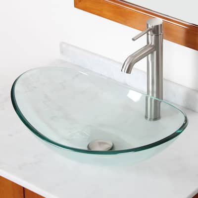 Elite Tempered Bathroom Glass Vessel Sink W. Unique Oval Shape with Faucet Combo