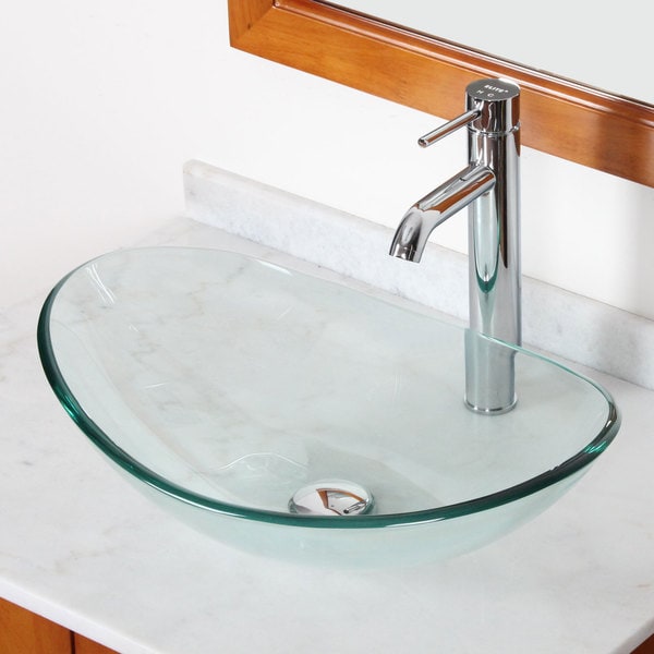Elite GD33F371023C Tempered Bathroom Glass Vessel Sink W. Unique Oval Shape With Faucet Combo