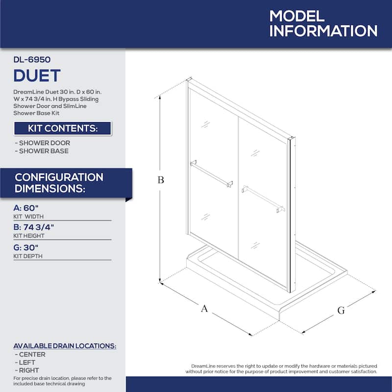 DreamLine Duet 30 in. D x 60 in. W x 74 3/4 in. H Bypass Sliding Shower Door and Shower Base Kit