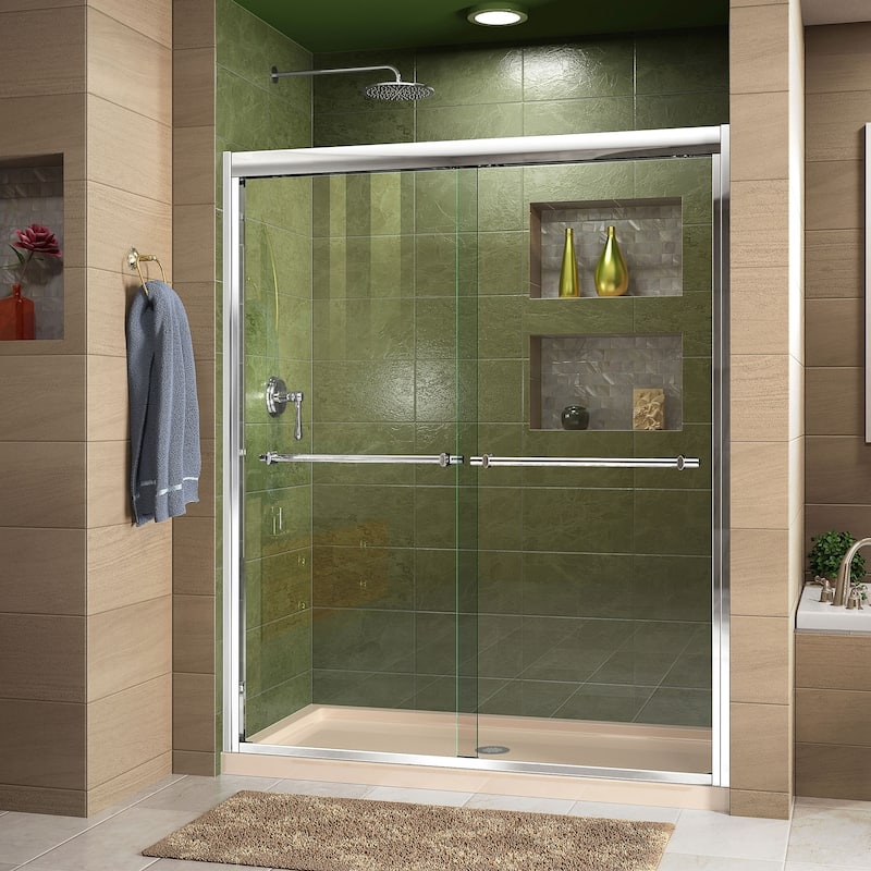 DreamLine Duet 34 in. D x 60 in. W x 74 3/4 in. H Bypass Sliding Shower Door and Shower Base Kit - 34" x 60" - Biscuit Base     