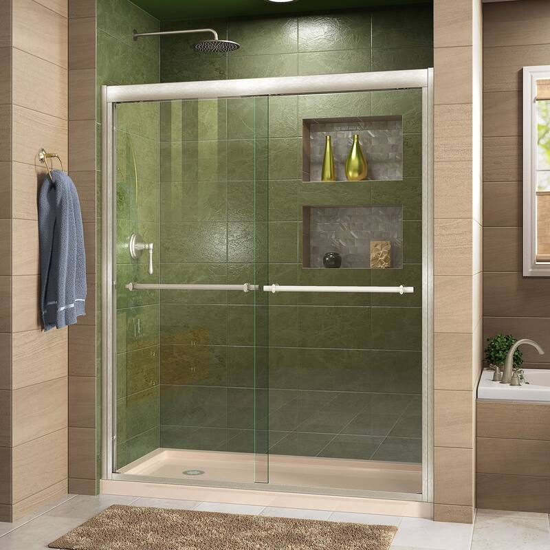 DreamLine Duet 34 in. D x 60 in. W x 74 3/4 in. H Bypass Sliding Shower Door and Shower Base Kit - 34" x 60" - Biscuit Base   