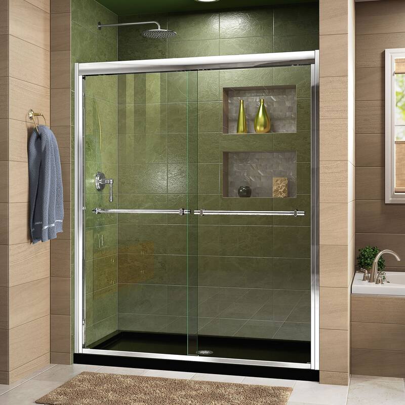 DreamLine Duet 34 in. D x 60 in. W x 74 3/4 in. H Bypass Sliding Shower Door and Shower Base Kit - 34" x 60" - Black Base   
