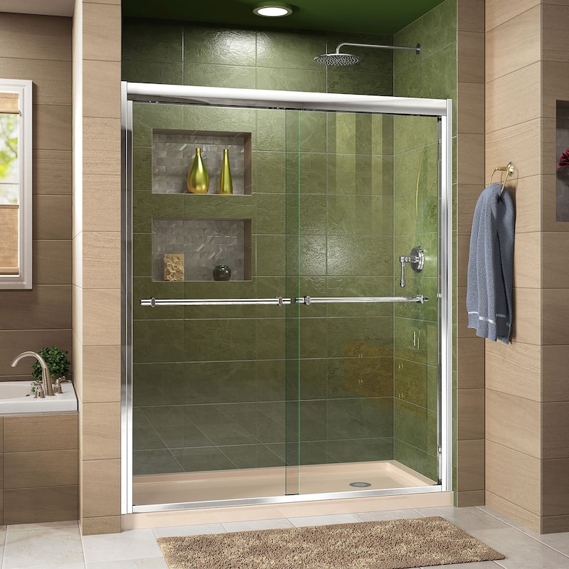 DreamLine Duet 34 in. D x 60 in. W x 74 3/4 in. H Bypass Sliding Shower Door and Shower Base Kit - 34" x 60" - Biscuit Base 