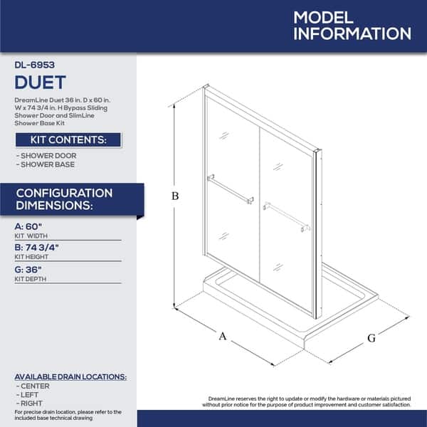 dimension image slide 1 of 4, DreamLine Duet 36 in. D x 60 in. W x 74 3/4 in. H Bypass Sliding Shower Door and Shower Base Kit - 36" x 60"