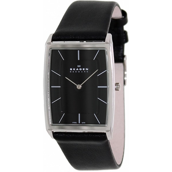 Skagen Mens 857LSLB Black Leather Quartz Watch with Black Dial