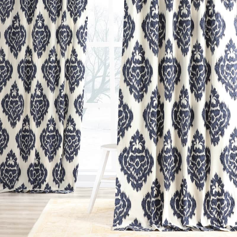 Exclusive Fabrics Ikat Black Printed Cotton Single Curtain (1 Panel) - 50 X 84 - Ikat Blue