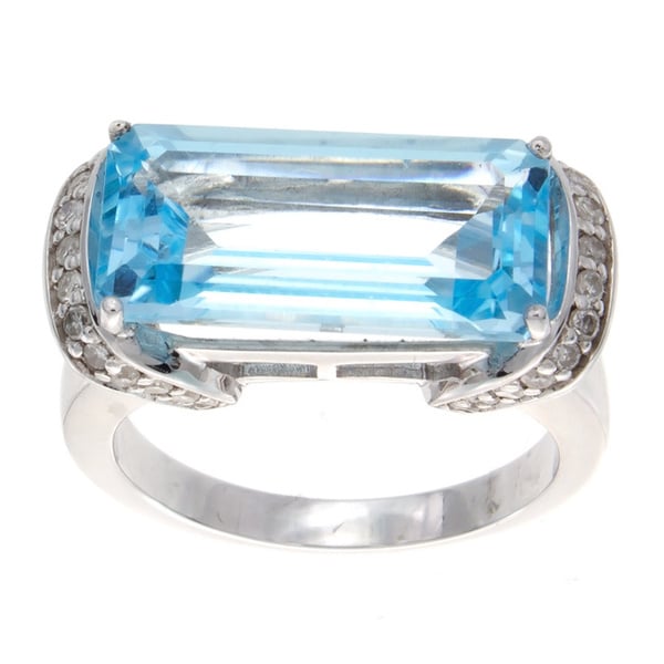 Sterling Silver Split Shank Blue Topaz and Pave Diamond Ring 1//3 TDW