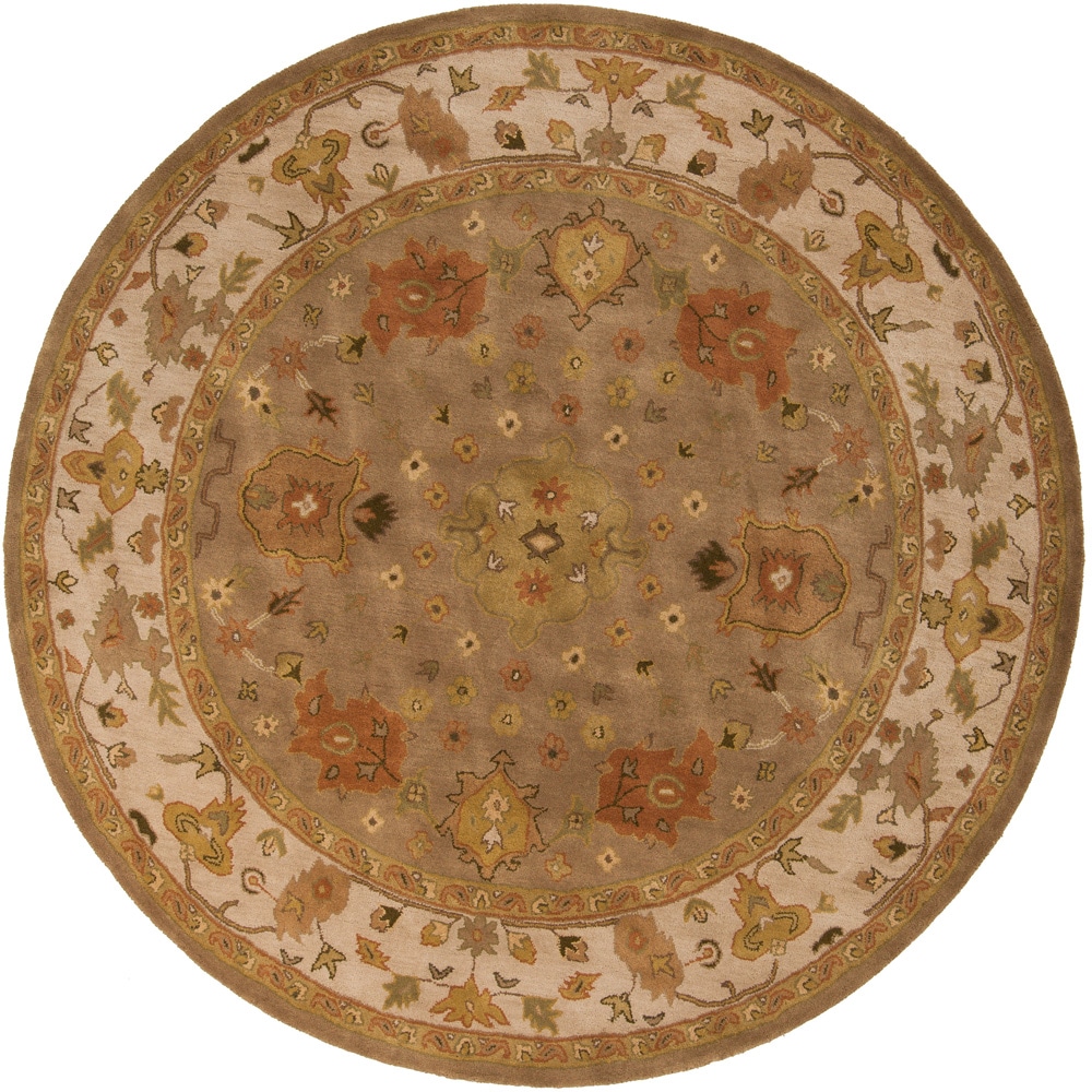 Tongsa Hand tufted Gold Classic Floral Border Oriental Wool Rug (8 Round)