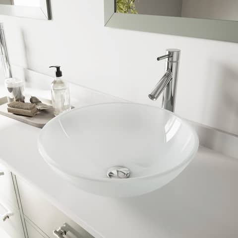 VIGO White Frost Glass Vessel Bathroom Sink Set With Dior Vessel Faucet
