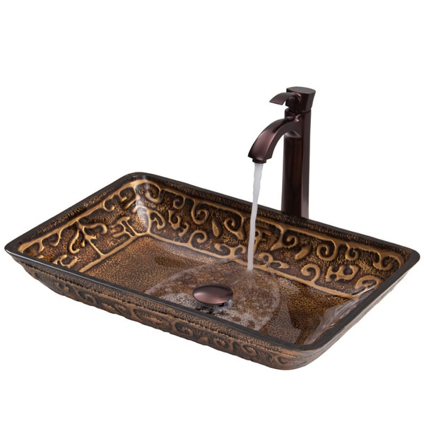 VIGO Rectangular Golden Greek Glass Vessel Sink and Faucet Set in Oil