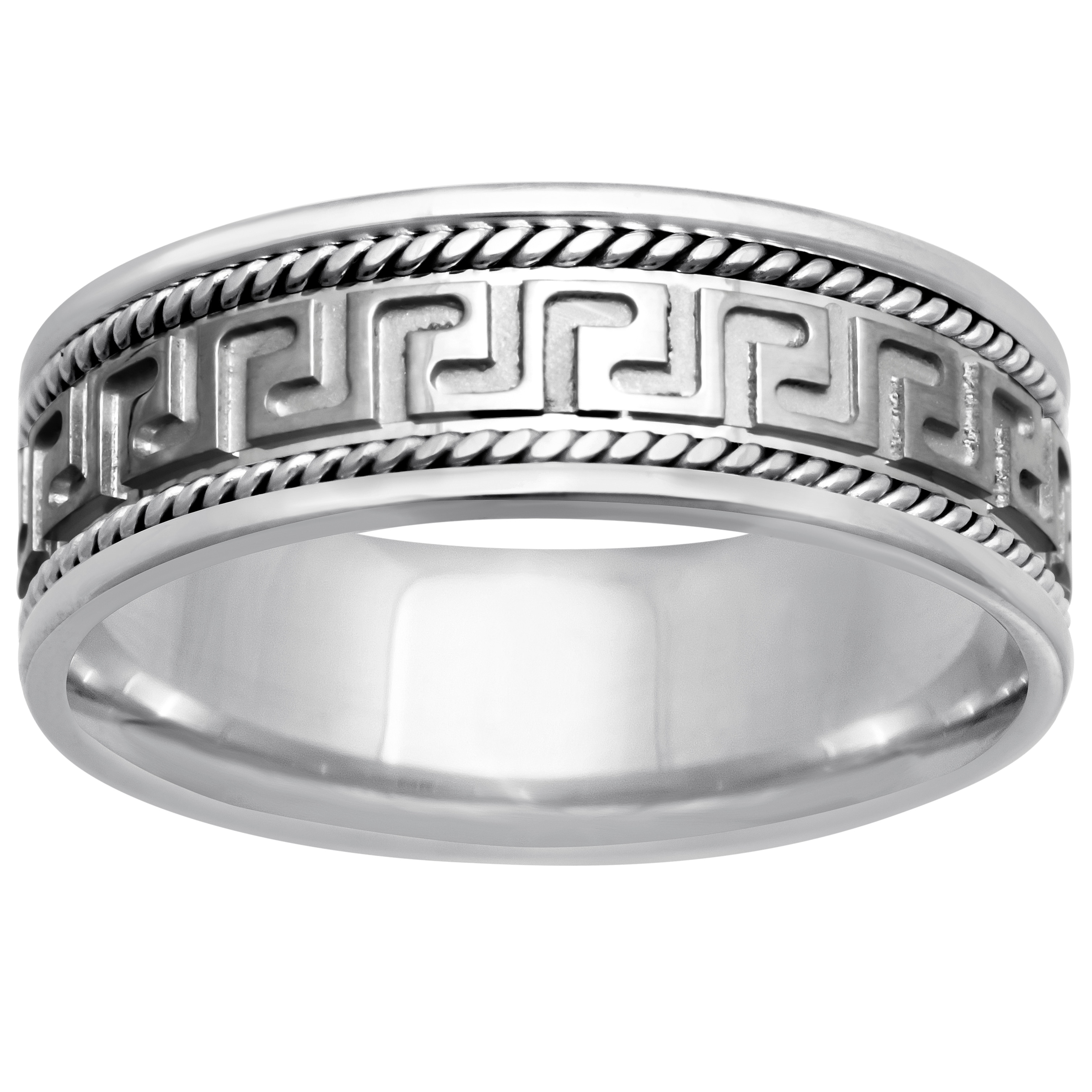 Stainless Steel Black 2 Color Greek Key Comfort Fit Flat Band Ring