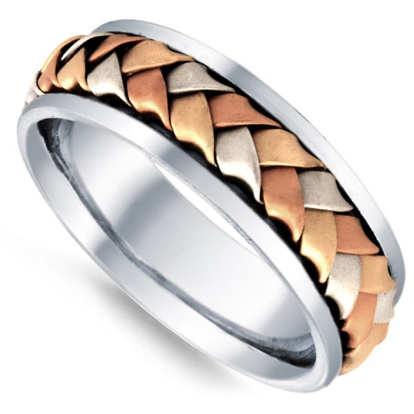 14K Tri-Color Gold Wedding Band 6mm Machine Cut Patterned Ring