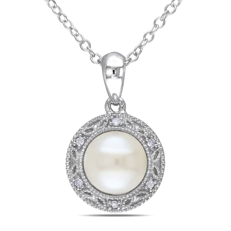 Miadora Sterling Silver Freshwater White Pearl and Diamond Necklace (7-7.5)