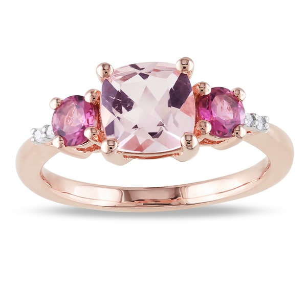 Miadora Rose Plated Silver Morganite, Tourmaline and Diamond 3 Stone Ring Miadora Gemstone Rings