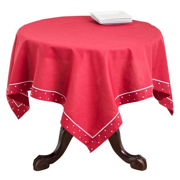 Red Swiss Dot Linen Blend Bordered Table Topper or Runner