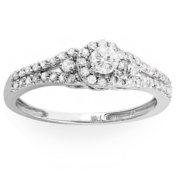 14k White Gold 1/2ct TDW Split Shank Halo Diamond Ring (H I, I1 I2) Diamond Rings