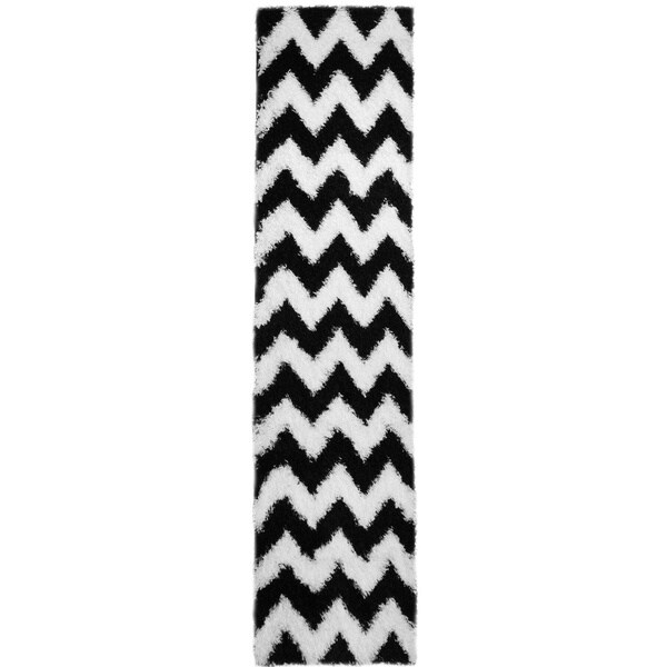 Chic Luxurious Soft Shag Black/ White Chevron Runner Rug (1'8 x 6'10