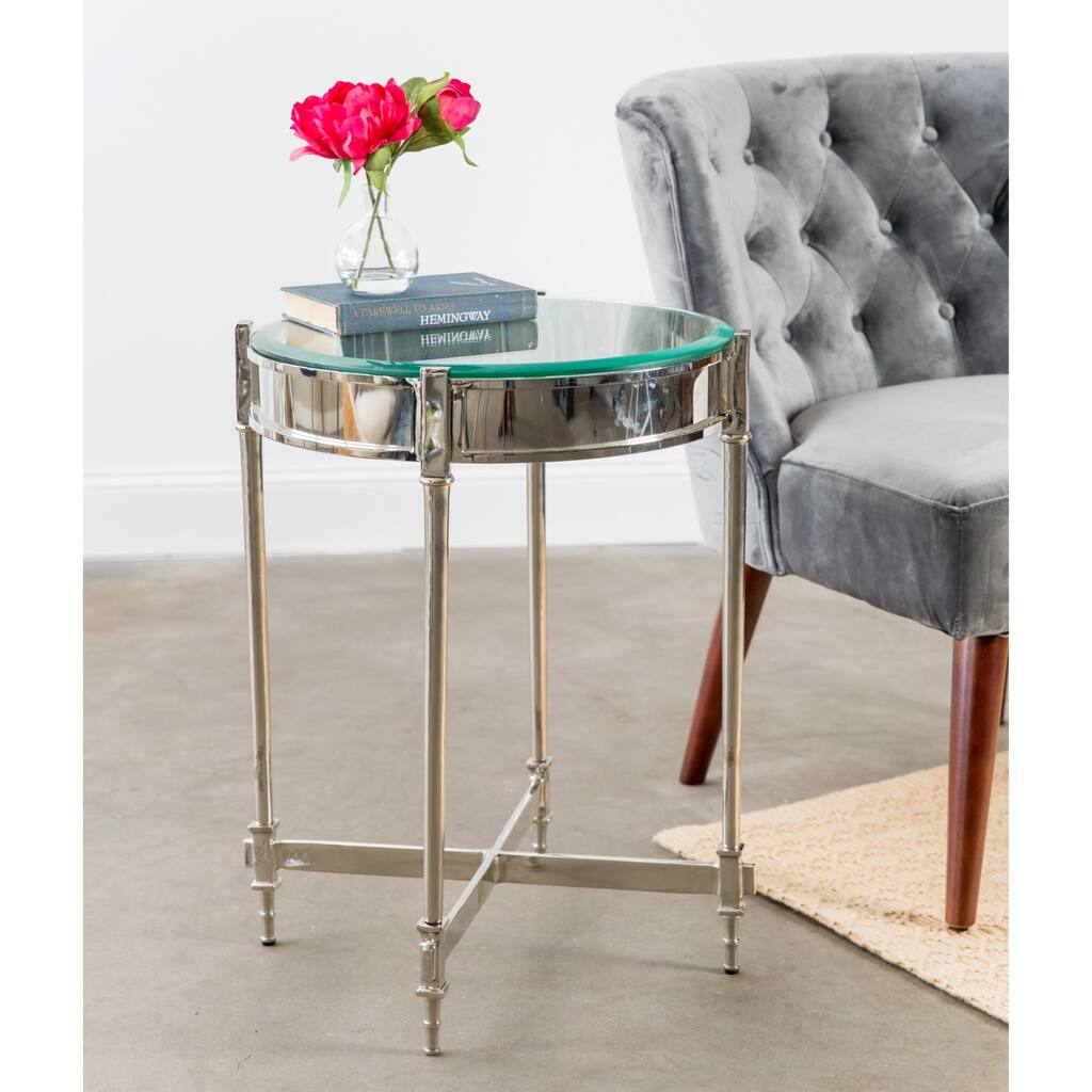 Nickel Finish Aluminum End Table with Beveled Glass Top