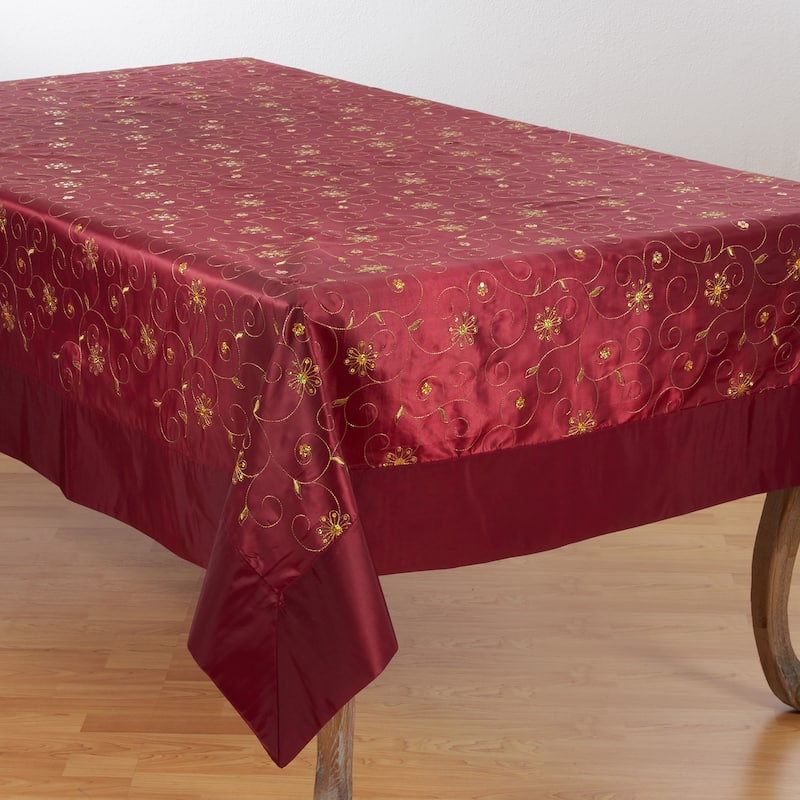 Traditional Glam Embroidered Sequined Tablecloth - 65"x104" - Burgundy