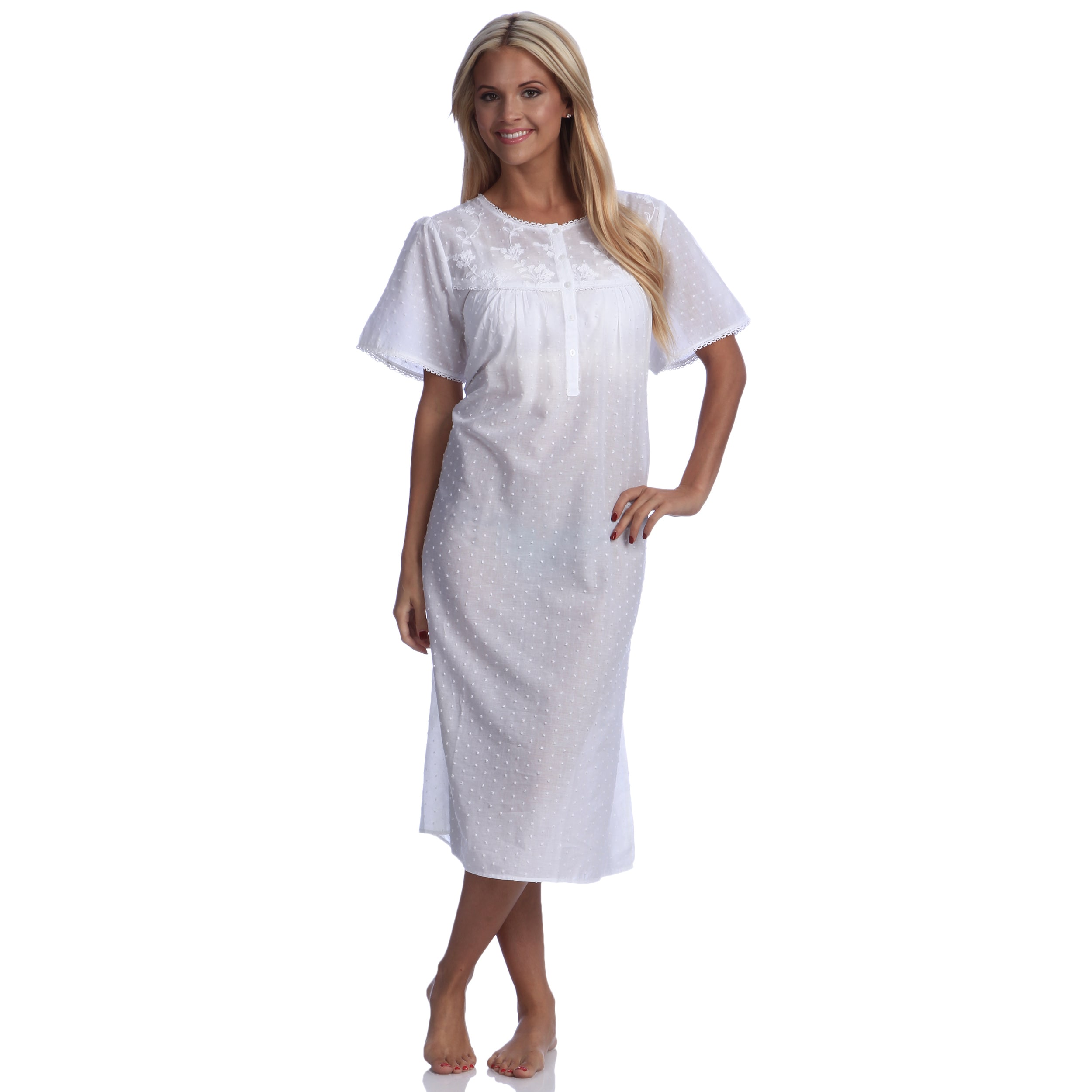 Saro Full length Embroidered Floral/polka dot Nightgown White Size L (12  14)