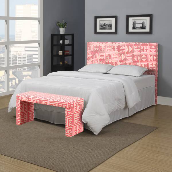 Portfolio Upton Pink Coral Greek Key Full/Queen Headboard and Bench Set