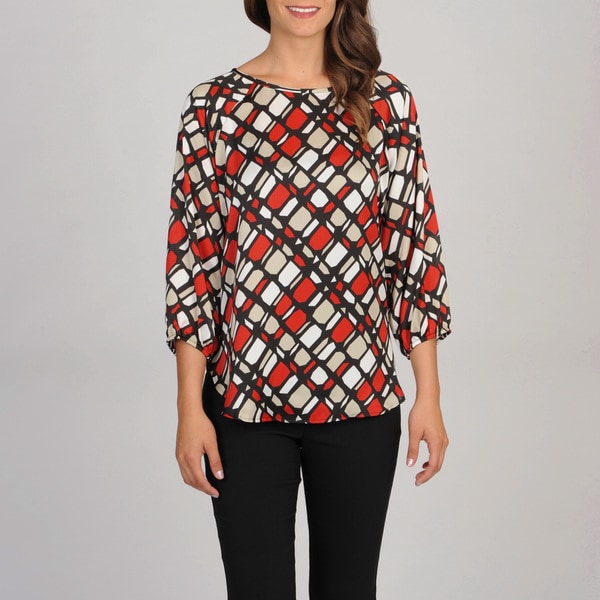 Evan Picone Women's Geometric Woven Blouse Evan Picone 3/4 Sleeve Shirts