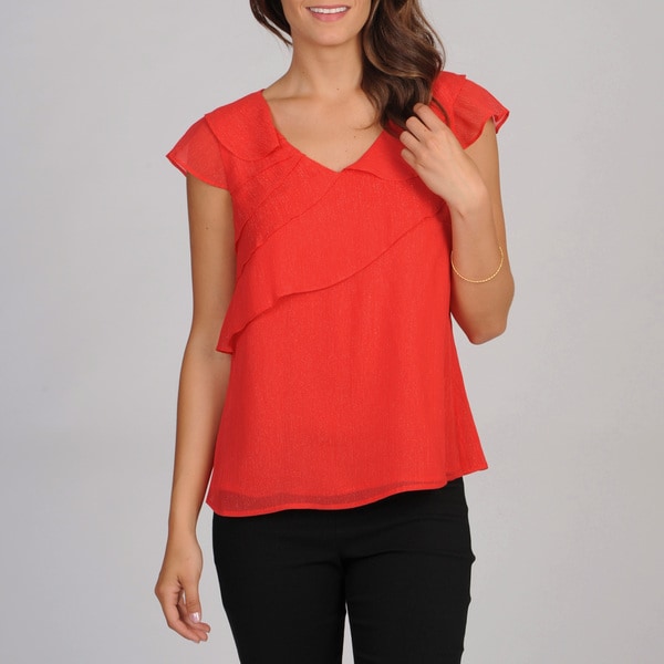 Evan Picone Womens Cap sleeve tiered Blouse with lurex  