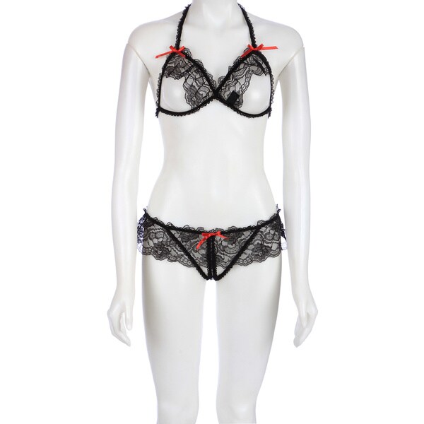 Rene Rofe Black Peek-a-Boo Crotchless Panty Bra Set 