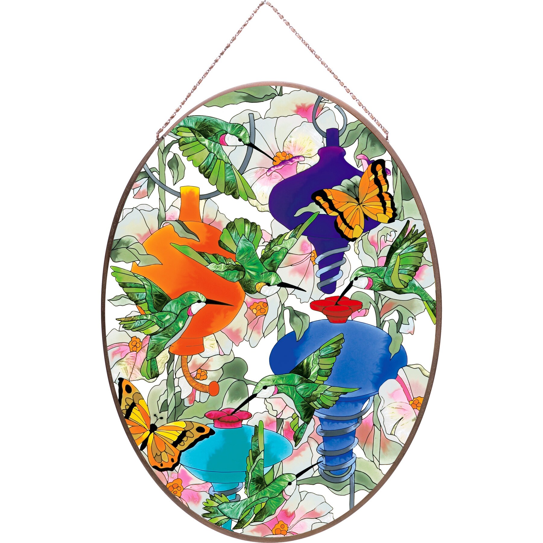 Joan Baker Hummingbird Feeders Glass Art Panel (LargeSubject AnimalsImage dimensions 14.25 inches X 19.25 inchesOuter dimensions 14.25 inches X 19.25 inchesThe digital images we display have the most accurate color possiable. However, due to difference