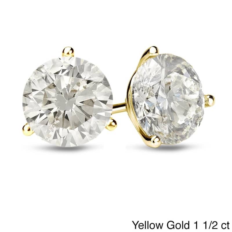 Auriya 1 to 2 carat TW Certified 3-Prong Martini Round Diamond Stud Earrings 18k Gold (H-I, SI1-SI2) - H-I, SI1-SI2 - 1.50ct - Yellow