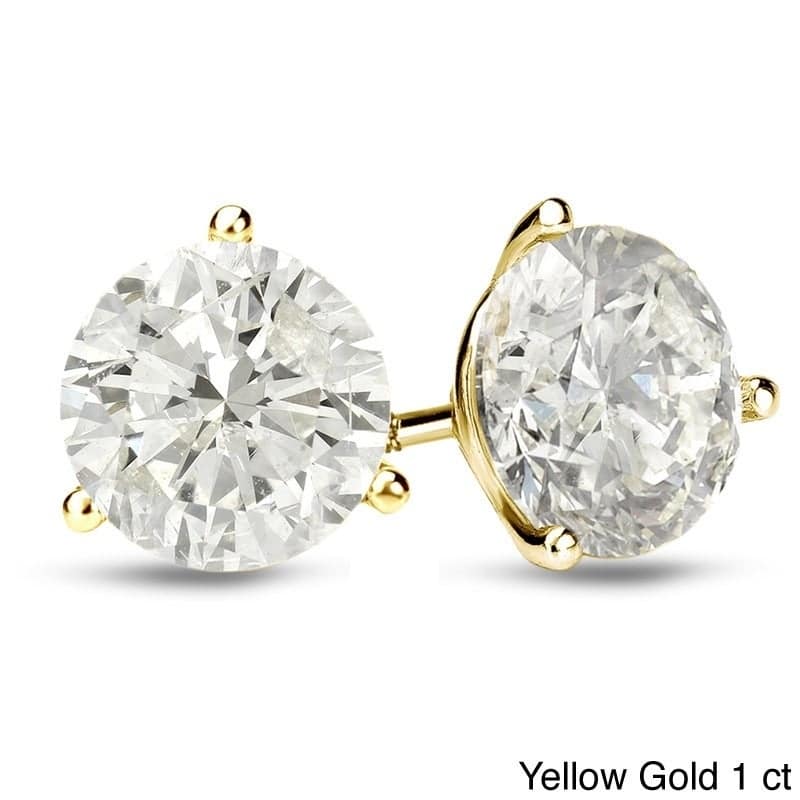 Auriya 1 to 2 carat TW Certified 3-Prong Martini Round Diamond Stud Earrings 18k Gold (H-I, SI1-SI2) - H-I, SI1-SI2 - 1.00ct - Yellow