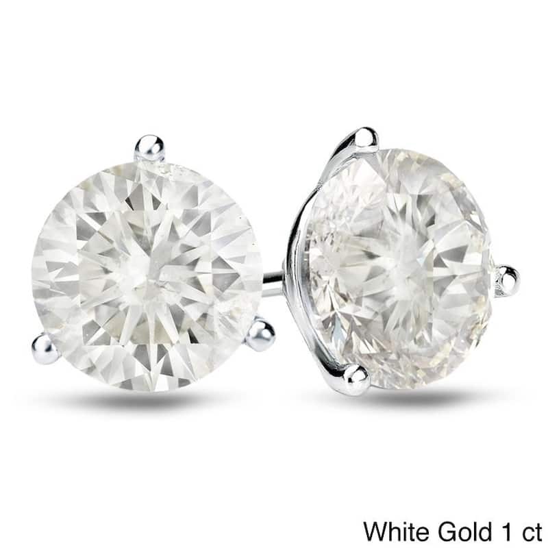 Auriya 1 to 2 carat TW Certified 3-Prong Martini Round Diamond Stud Earrings 18k Gold (H-I, SI1-SI2) - H-I, SI1-SI2 - 1.00ct - White