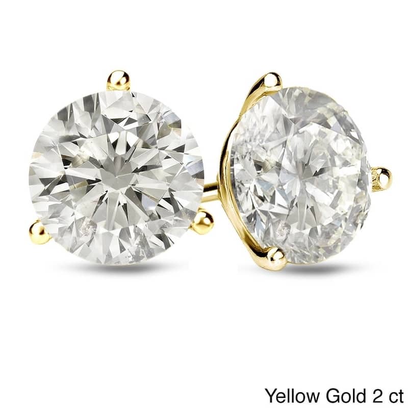 Auriya 1 to 2 carat TW Certified 3-Prong Martini Round Diamond Stud Earrings 18k Gold (H-I, SI1-SI2) - H-I, SI1-SI2 - 2.00ct - Yellow