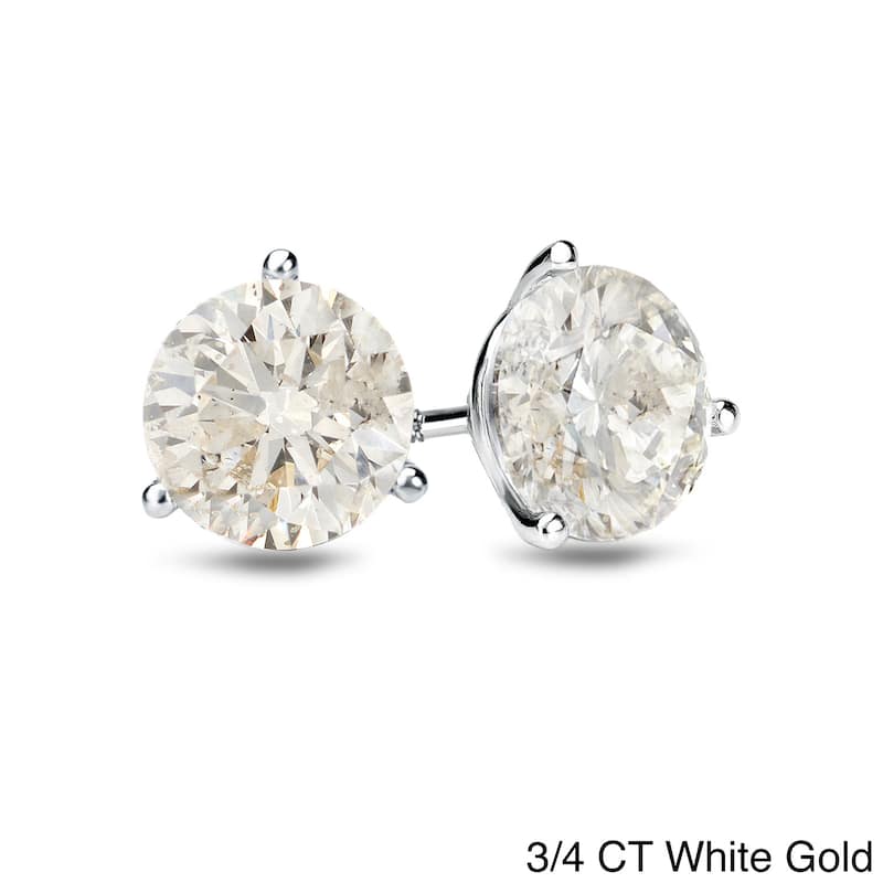 Auriya 1/4 to 1ct TW Round Diamond Stud Earrings 18k Gold 3-Prong Martini (J-K, I1-I2) - 0.75ct - White