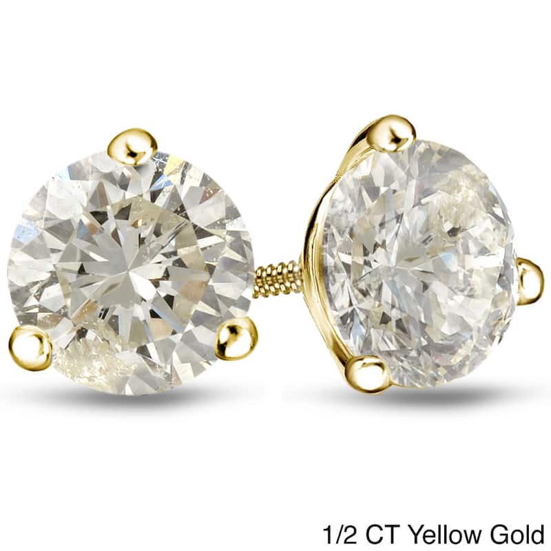 Auriya 1/4 to 1ct TW Round Diamond Stud Earrings 18k Gold 3-Prong Martini (J-K, I1-I2) - 0.50ct - Yellow