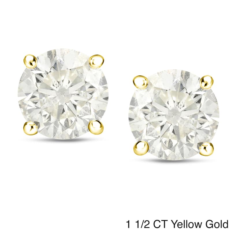 18k Gold 1 to 2ct TDW Certified Round Diamond Stud Earrings by Auriya (J-K, I1-I2) - 1.50ct - Yellow