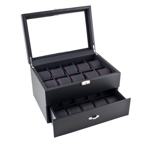 Caddy Bay Collection Black Carbon Fiber Pattern Red Stitching Watch Box Display Storage Case Caddy Bay Collection Watch Boxes