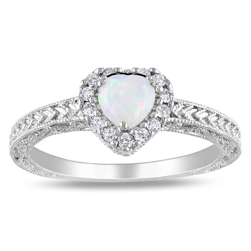 Miadora Sterling Silver Opal and 1/6ct TDW Diamond Heart Ring (H-I, I2-I3)