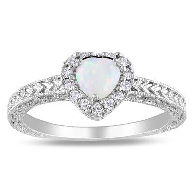Miadora Sterling Silver Opal and 1/6ct TDW Diamond Heart Ring (H-I, I2-I3)