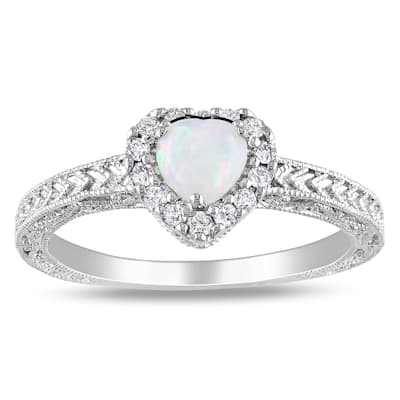 Miadora Sterling Silver Opal and 1/6ct TDW Diamond Heart Ring (H-I, I2-I3)