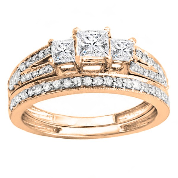 14k White Gold 1ct TDW 3-Stone Diamond Bridal Ring Set