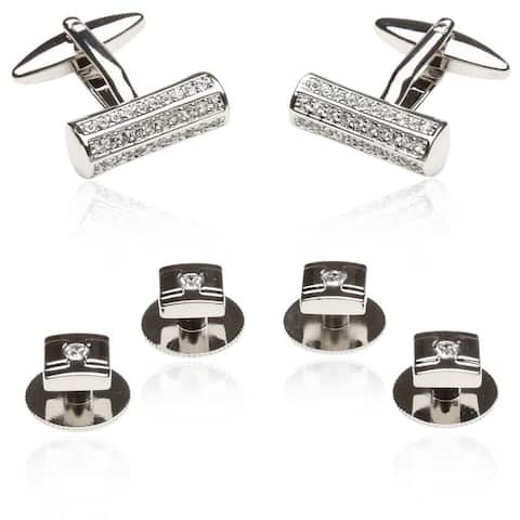 Silvertone Clear Crystal Bar Formal Cuff Link and Stud Jewelry Set