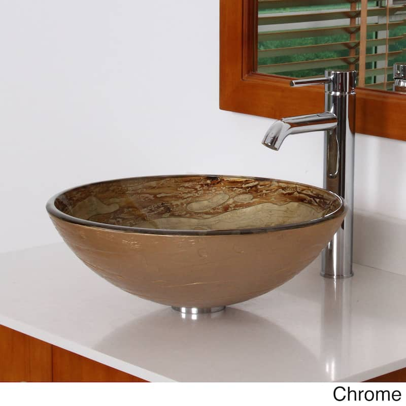 Elite Modern Design Tempered Glass Bathroom Vessel Sink with Faucet Combo - Chrome Finish Faucet+Sink