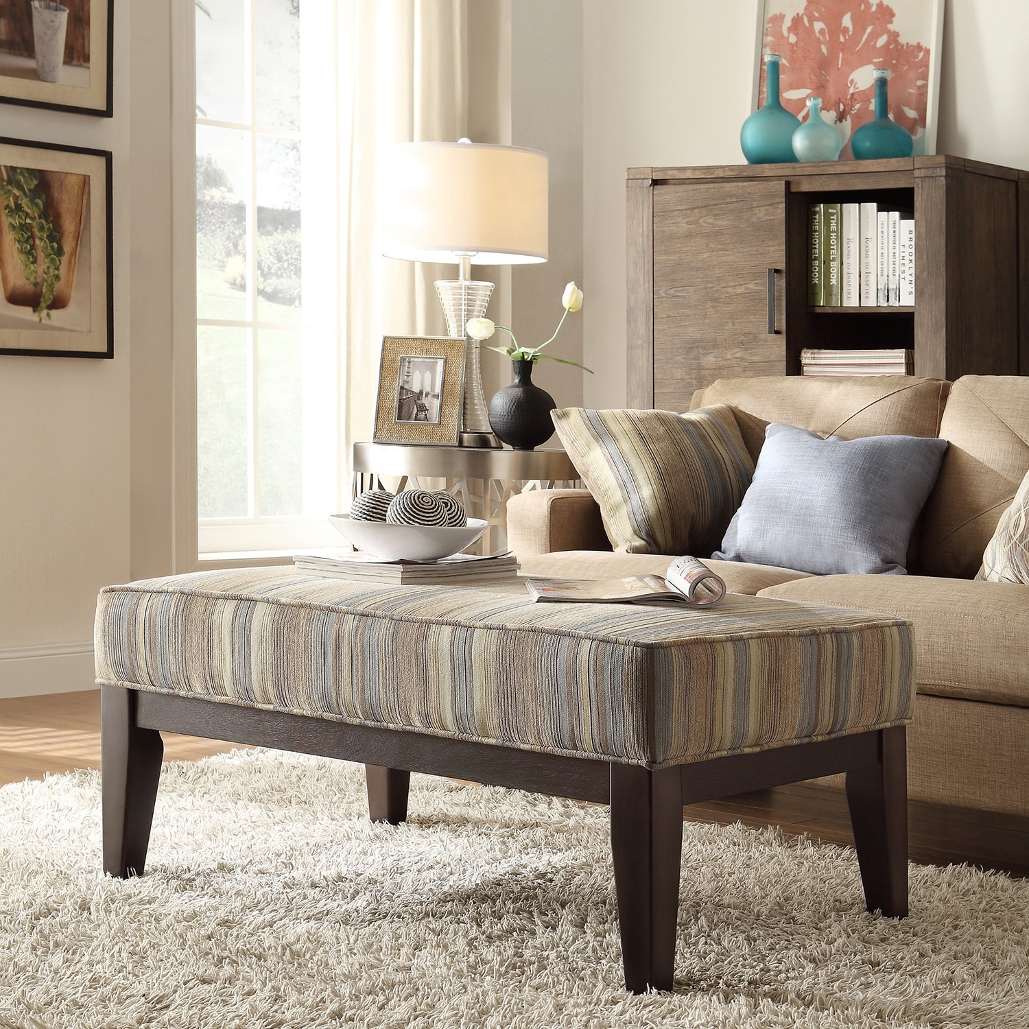 Inspire Q Ashland 42 inch Mocha Tonal Stripe Upholstered Cocktail Ottoman