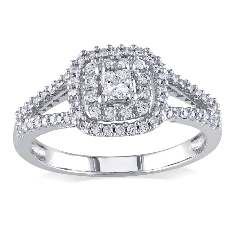 Miadora 14k White Gold 1/2ct TDW Princess-cut and Round Diamond Split Shank Halo Engagement Ring