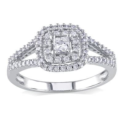 Miadora 14k White Gold 1/2ct TDW Princess-cut and Round Diamond Split Shank Halo Engagement Ring