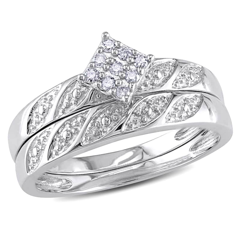Miadora Sterling Silver 1/10ct TDW Diamond Cluster Engagement Ring Wedding Band Set