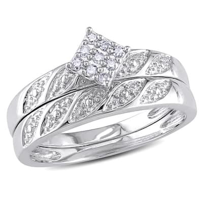 Miadora Sterling Silver 1/10ct TDW Diamond Cluster Engagement Ring Wedding Band Set